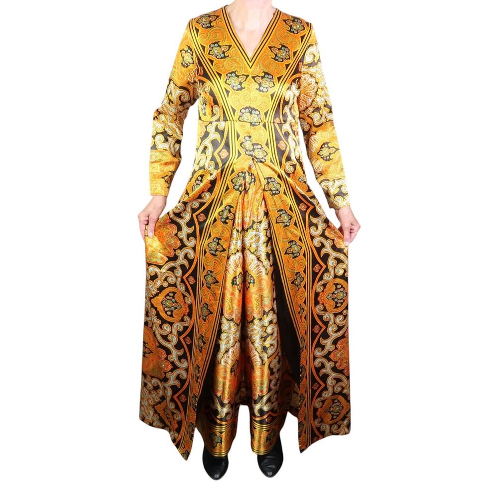 Vintage 70s Van Raalte Orange Paisley Satin Dress + Pants Set Hostess